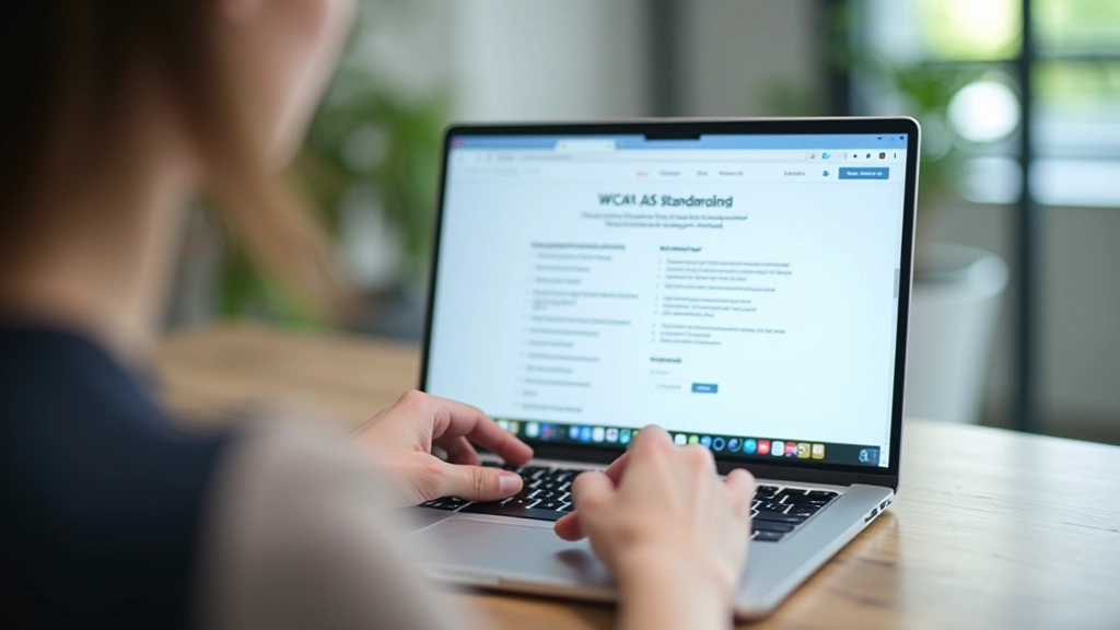 Designer reviewing WCAG standards documentation on laptop screen with color contrast checker visible