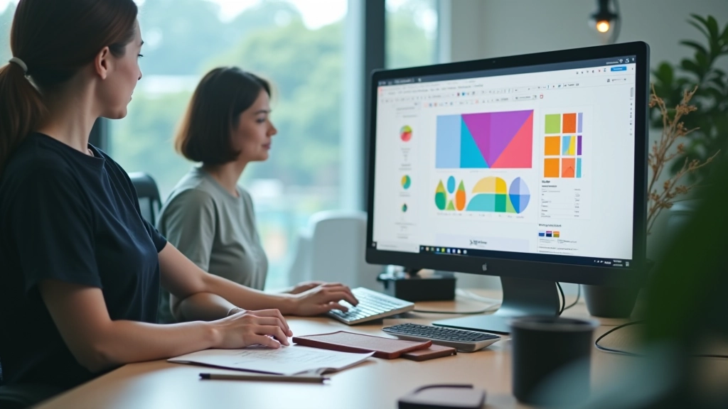 Professional designer working with color contrast tools and typography samples on a modern computer setup in a bright studio environment