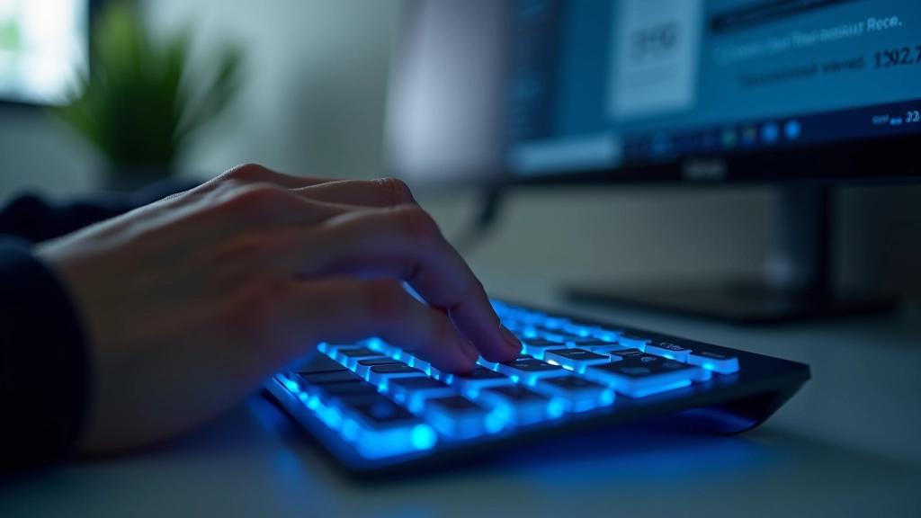 Close-up of hands on keyboard with focus indicator visible on a web button element, showing keyboard navigation in action