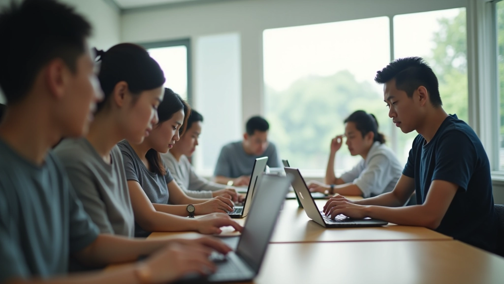 Diverse students learning web design in modern classroom