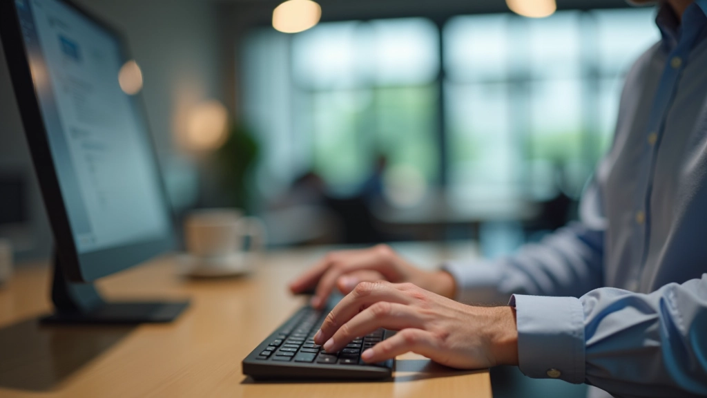 Person testing website navigation using keyboard without mouse in a modern office setting