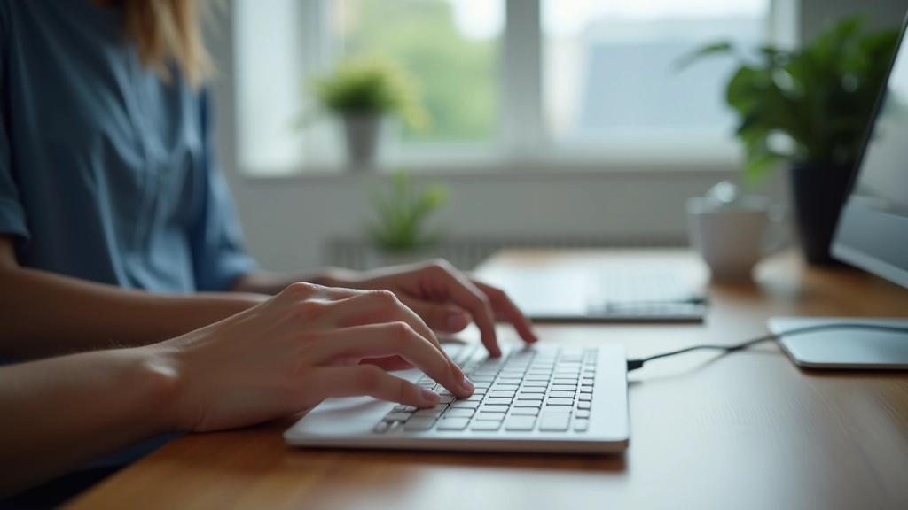 Woman using keyboard navigation on a laptop with accessibility software